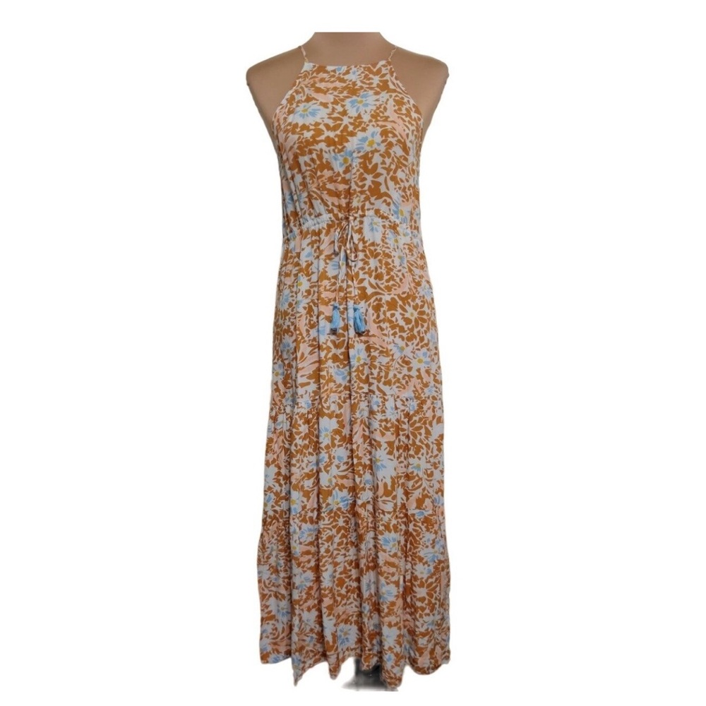 Aakaa Womens Dress Island Muse Tiered Maxi Floral Tassel Boho Goldenrod Sz M